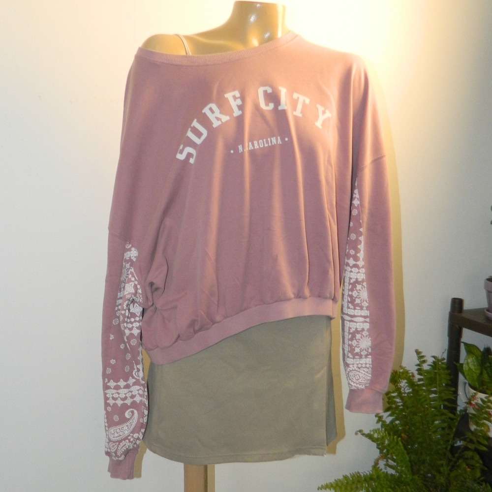 Sea La La Surf City Sweatshirt Women XL Mauve Paisley Bandana Sleeve Graphic